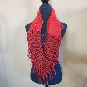 Coral Fringed Infinity Scarf with an Open Knit Design